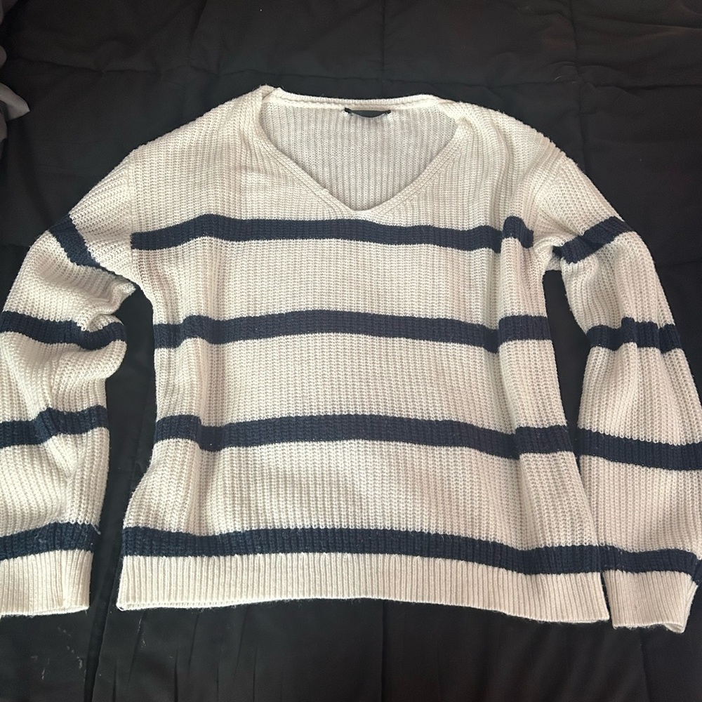 White and Navy Striped V-Neck Sweater
